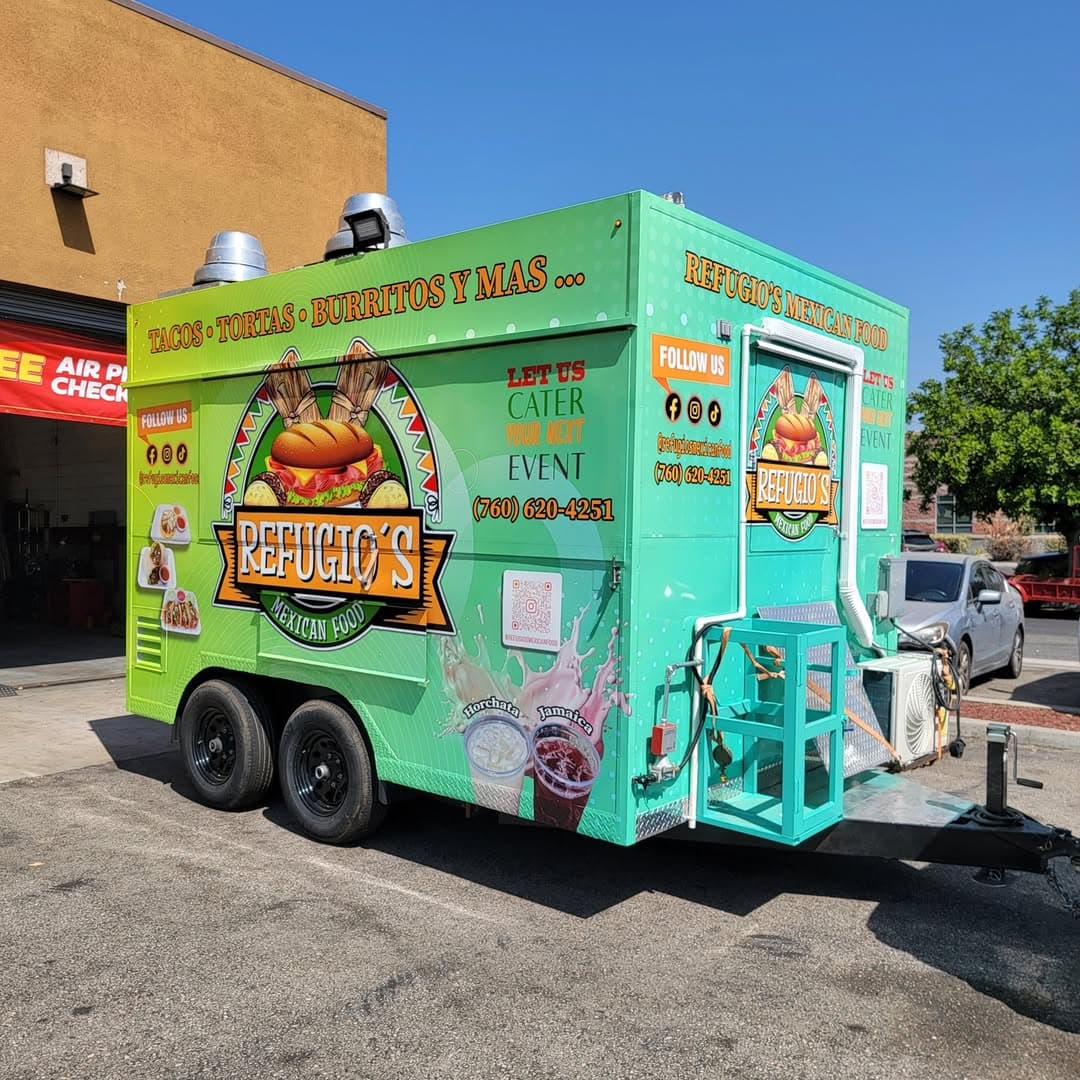 Refugio's Mexican Food green and yellow food trailer wrap